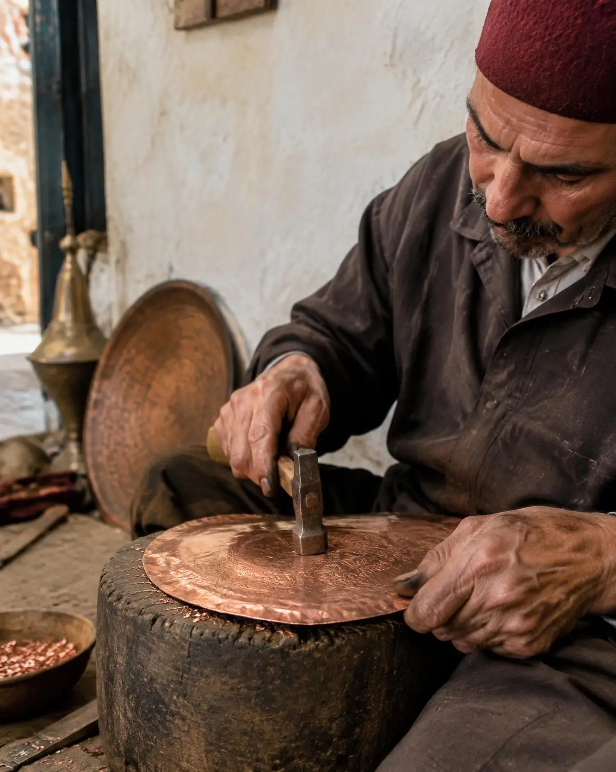 An artisan hammering a copper sheet on a wooden block