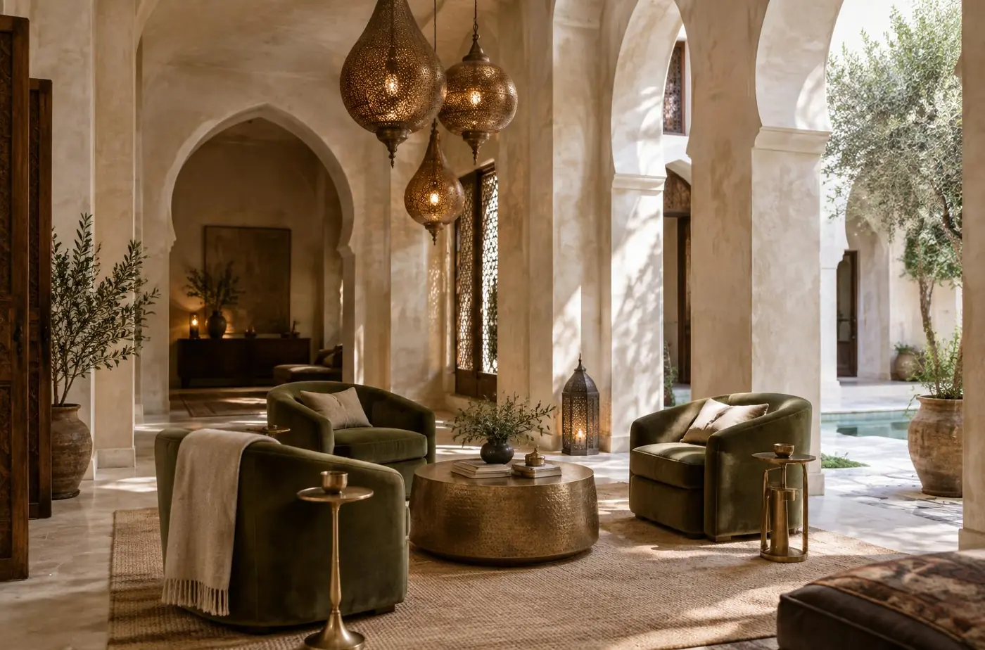A riad lounge with pierced copper lanterns hung at varied heights above olive velvet armchairs