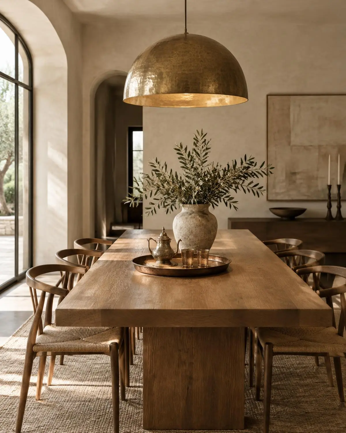 A hammered brass dome pendant above an oak dining table with a copper tea tray