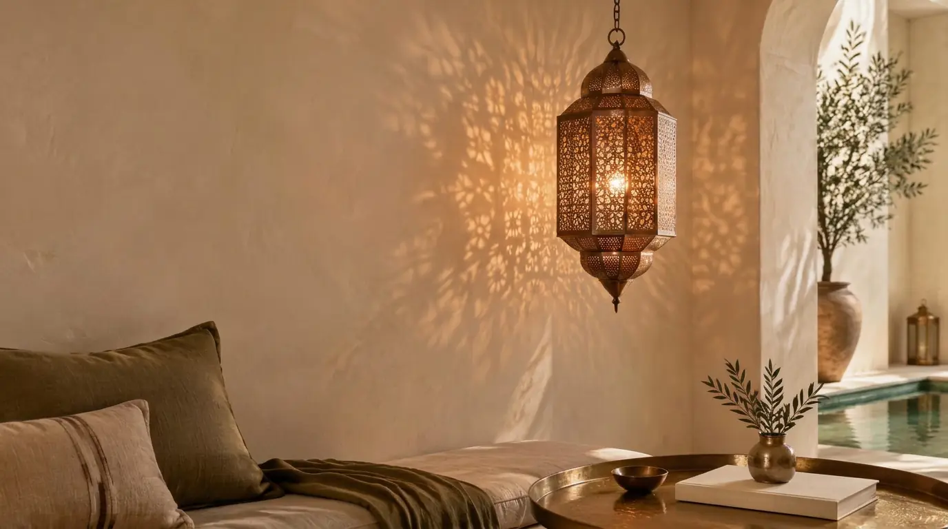 A pierced copper lantern casting patterned light across a plaster wall